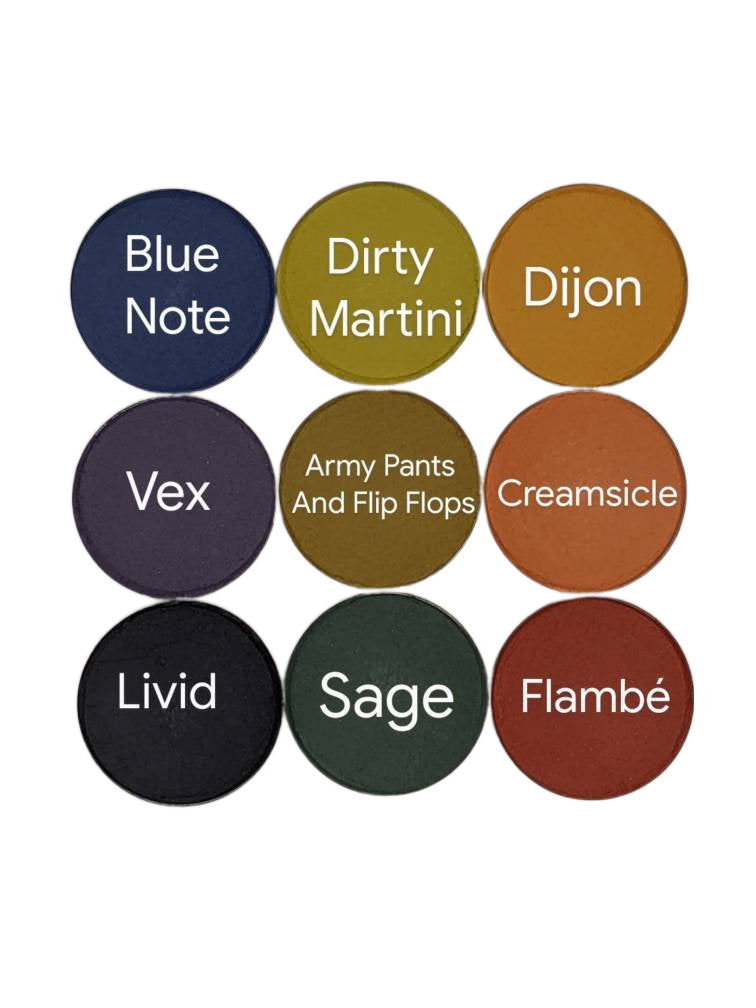 Glam N' Groove - 9 Pressed Matte Eyeshadow Bundle Mustard, Olive, Red, Orange, Blue, Green, Black, Gray Purple