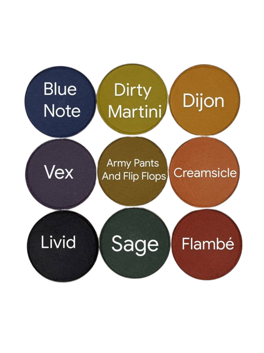 Glam N' Groove - 9 Pressed Matte Eyeshadow Bundle Mustard, Olive, Red, Orange, Blue, Green, Black, Gray Purple